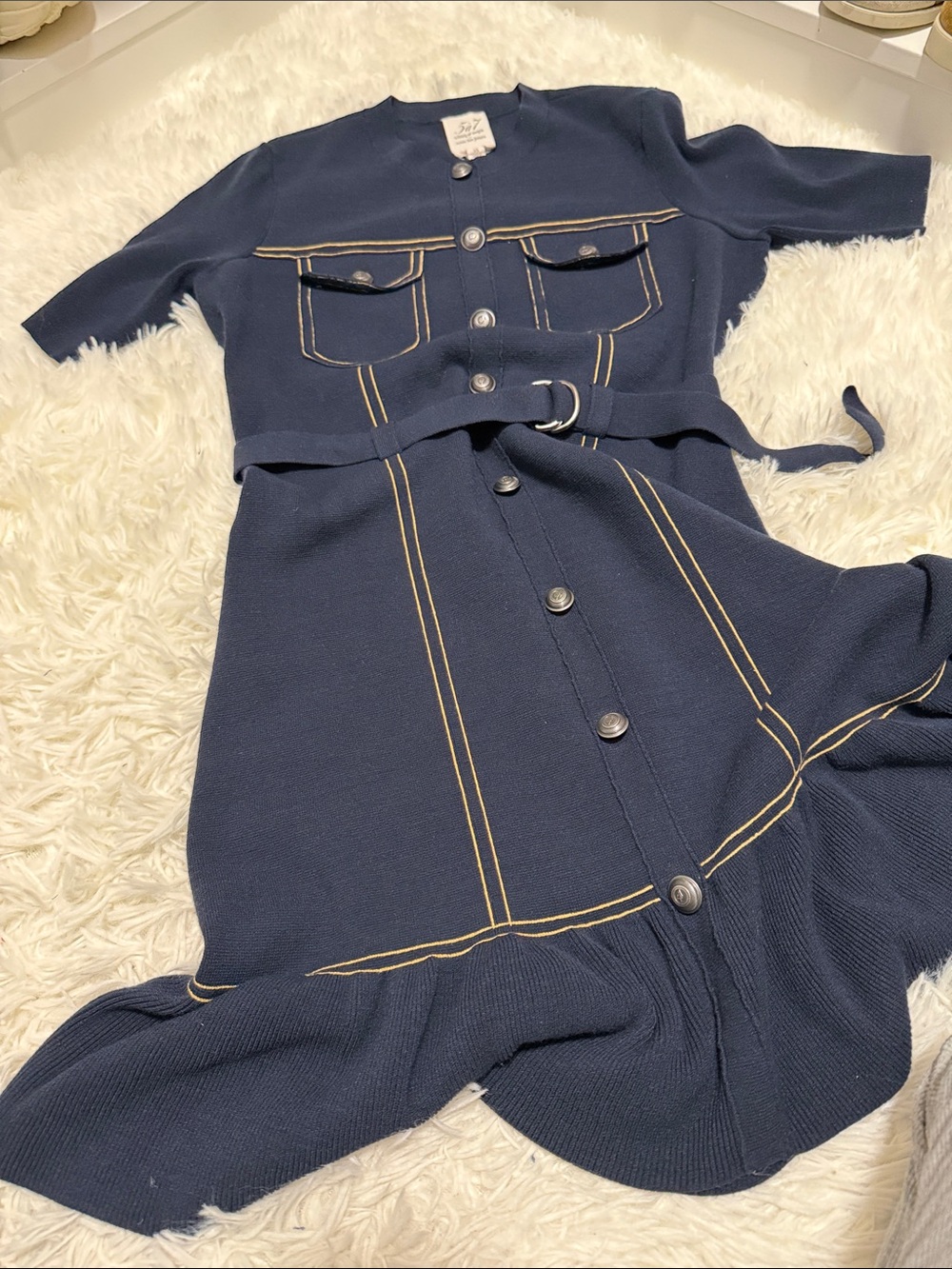 cinq a sept Navy Dress with Yellow Topstitching